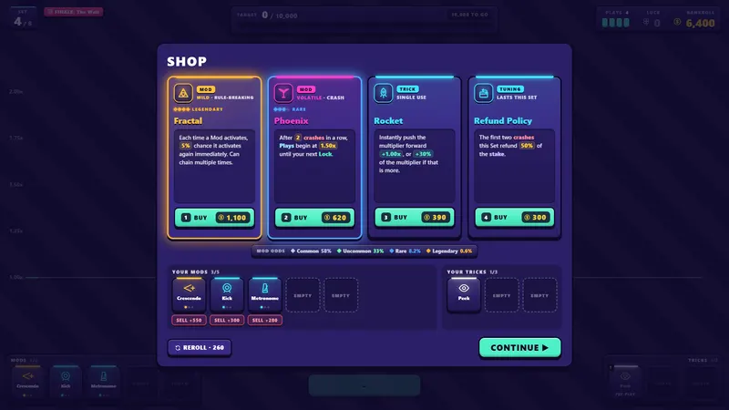 The shop between Plays, with a glowing Legendary Mod on offer.
