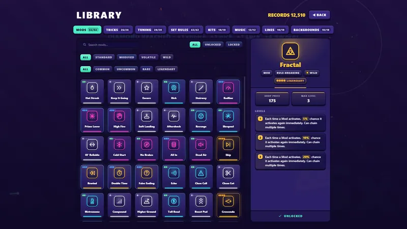 The Library lists every Mod, color-coded by rarity and searchable.