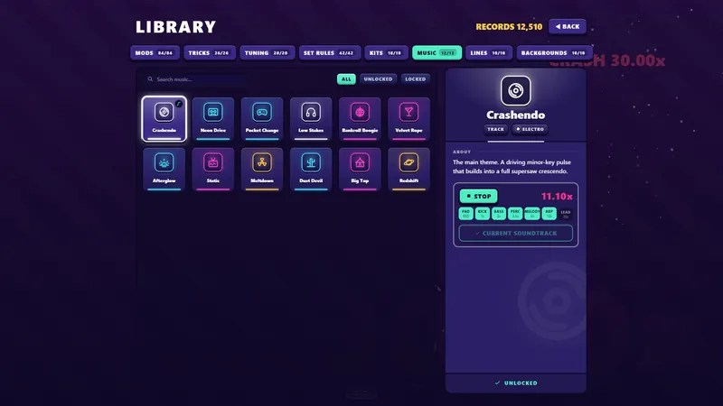 Unlockable reactive soundtracks, with preview.