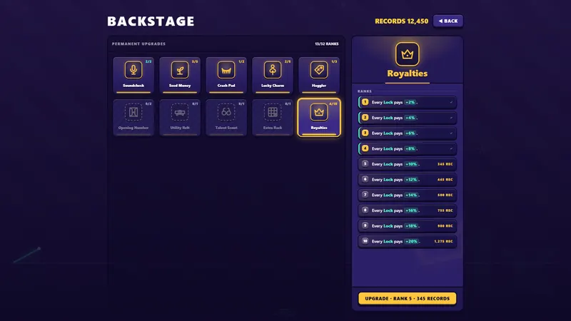 Backstage: permanent upgrades bought with Records.