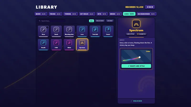 Unlockable line styles and backgrounds, with a live preview.